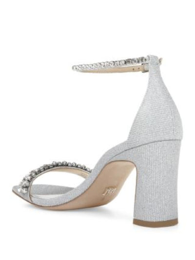 BADGLEY MISCHKA Womens White Textile Silver Metallic Crystal Embellished Straps Ankle Strap Padded Harriet Square Toe Block Heel Buckle Dress Sandals Shoes 7.5