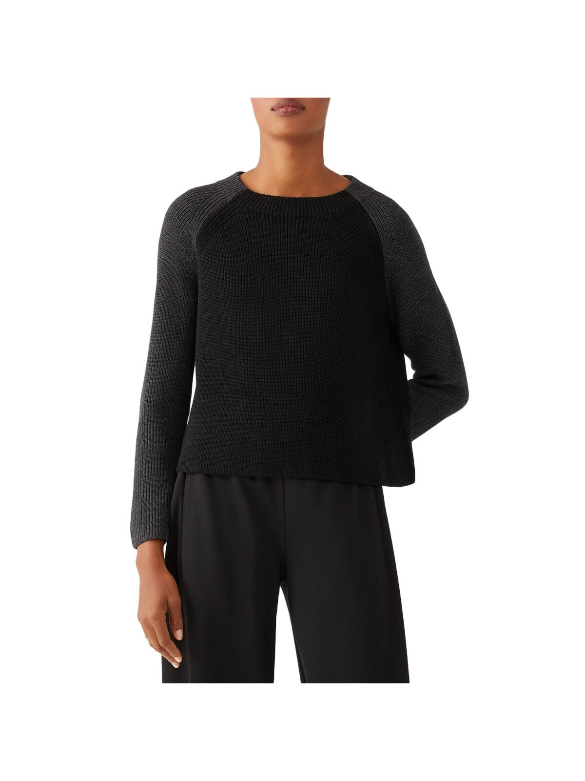 EILEEN FISHER Womens Black Knit Color Block Long Sleeve Crew Neck Sweater XS