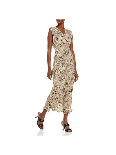 ART DEALER Womens Beige Pleated Zippered Ruffled Animal Print Sleeveless Surplice Neckline Maxi Evening Dress XS