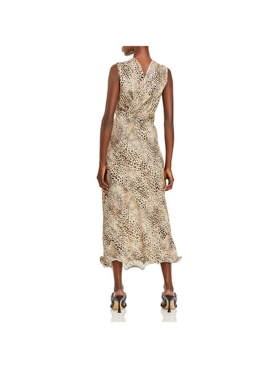 ART DEALER Womens Beige Pleated Zippered Ruffled Animal Print Sleeveless Surplice Neckline Maxi Evening Dress XS