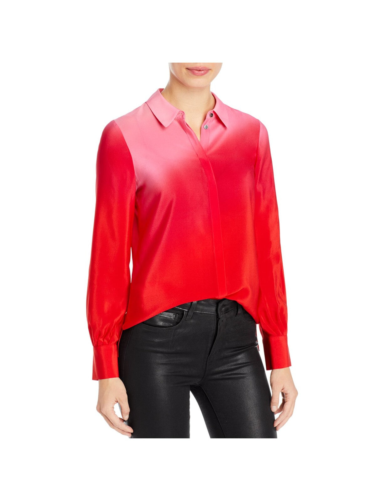 KOBI HALPERIN Womens Red Ombre Cuffed Sleeve Point Collar Blouse S