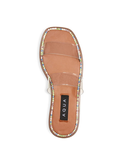 AQUA Womens Clear Studded Rhinestone Glow Square Toe Slip On Slide Sandals 6.5 M