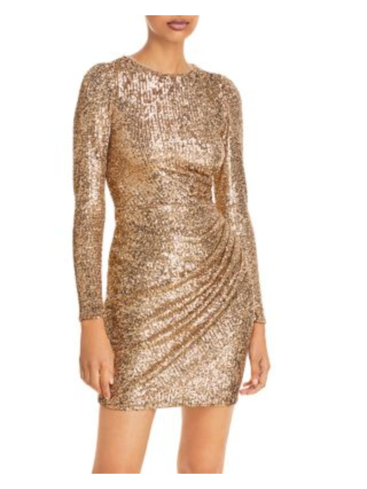 AQUA FORMAL Womens Gold Sequined Zippered Long Sleeve Crew Neck Mini Formal Body Con Dress 4
