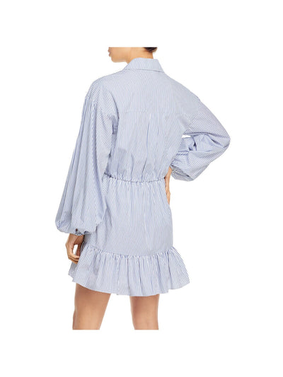 CINQ A SEPT Womens White Belted Ruffled Button Front Striped Balloon Sleeve Collared Short Party Shirt Dress 12