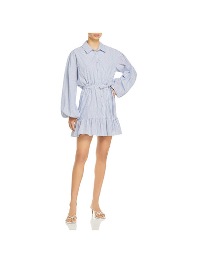 CINQ A SEPT Womens White Belted Ruffled Button Front Striped Balloon Sleeve Collared Short Party Shirt Dress 12