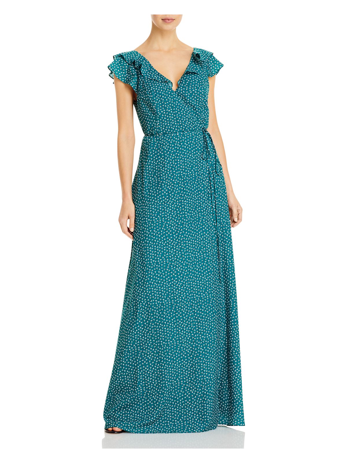 AIDAN MATTOX Womens Teal Tie Floral Flutter Sleeve Surplice Neckline Full-Length Party Wrap Dress 2