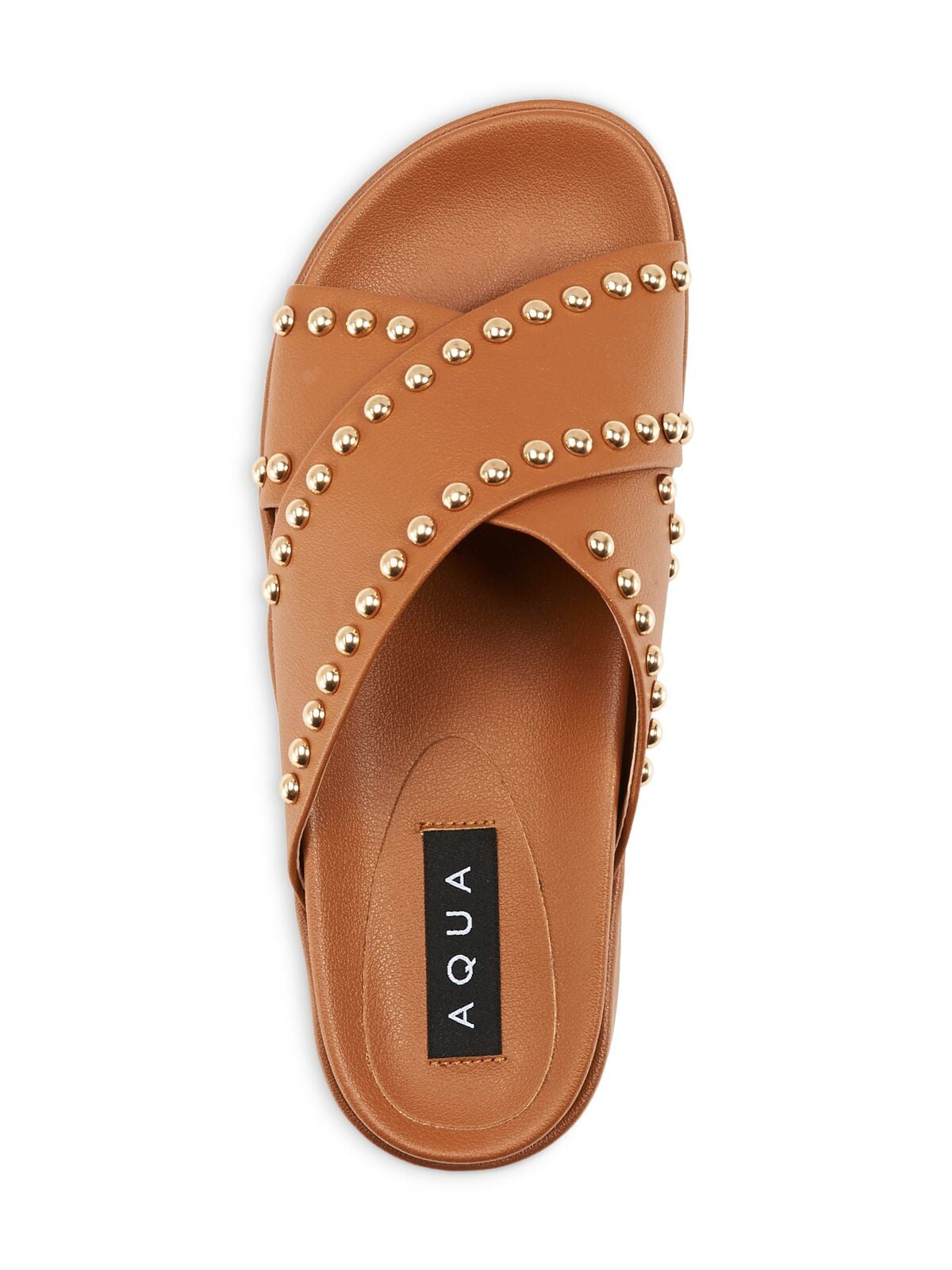 AQUA Womens Brown 1" Platform Crisscross Straps Studded Krisa Round Toe Wedge Slip On Slide Sandals Shoes M