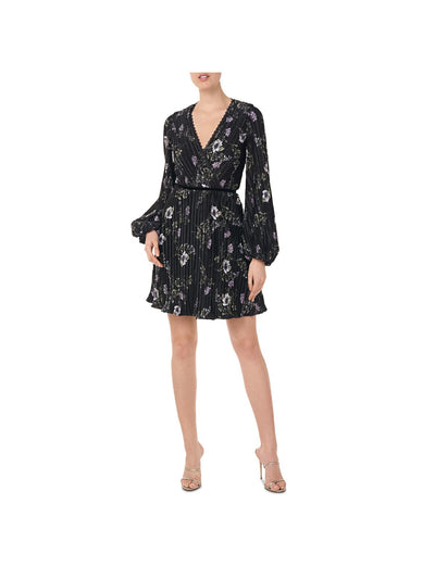 ML MONIQUE LHUILLIER Womens Black Stretch Zippered Pleated Scalloped Neckline Solid Waistba Floral Long Sleeve Surplice Neckline Short Cocktail Sheath Dress 2