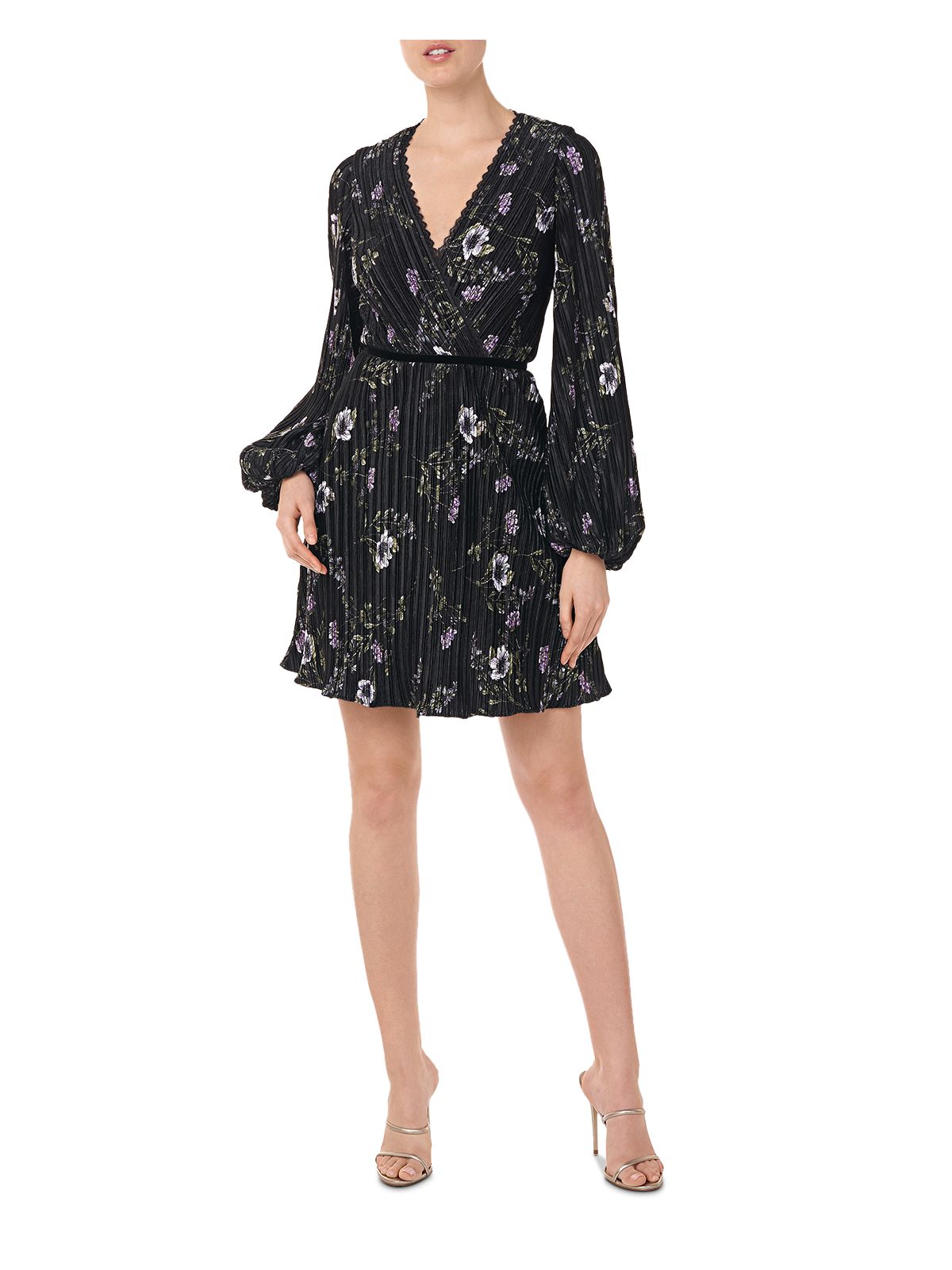 ML MONIQUE LHUILLIER Womens Black Stretch Zippered Pleated Scalloped Neckline Solid Waistba Floral Long Sleeve Surplice Neckline Short Cocktail Sheath Dress 0