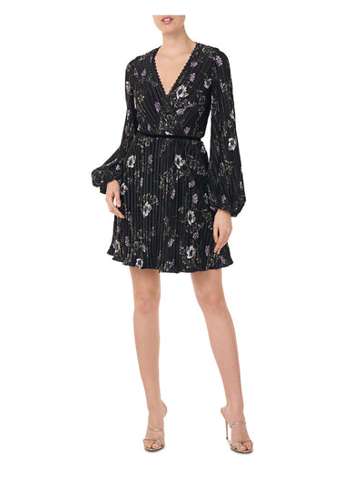 ML MONIQUE LHUILLIER Womens Black Stretch Zippered Pleated Scalloped Neckline Solid Waistba Floral Long Sleeve Surplice Neckline Short Cocktail Sheath Dress 4