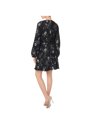 ML MONIQUE LHUILLIER Womens Black Stretch Zippered Pleated Scalloped Neckline Solid Waistba Floral Long Sleeve Surplice Neckline Short Cocktail Sheath Dress 2