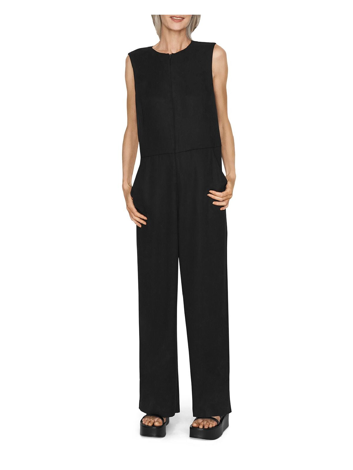 B NEW YORK Womens Black Zippered Pocketed Flowy Sleeveless Crew Neck Wide Leg Jumpsuit L