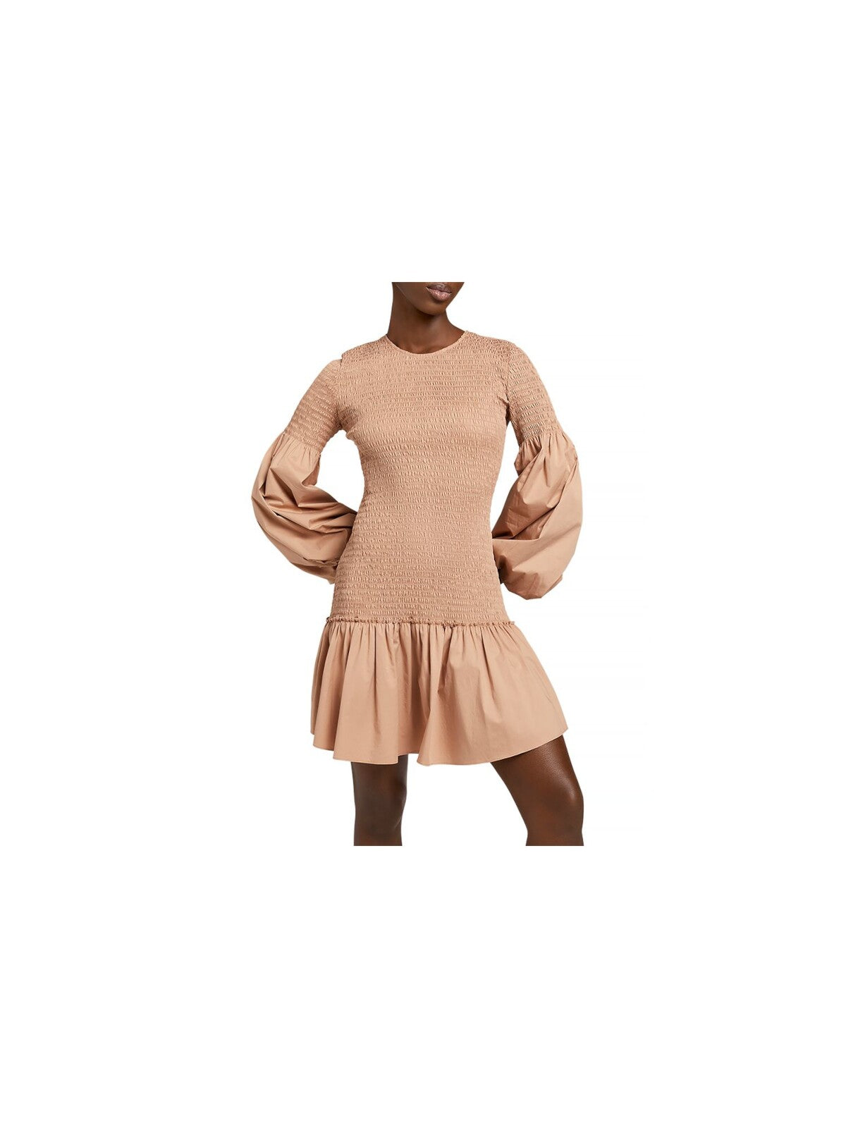 A.L.C Womens Brown Smocked Ruffled Button Back Closure Long Sleeve Crew Neck Short Evening Drop Waist Dress 8