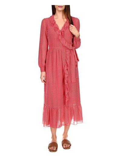 MICHAEL MICHAEL KORS Womens Stretch Ruffled Belted With Scarf Cuffed Sleeve Surplice Neckline Midi Wrap Dress