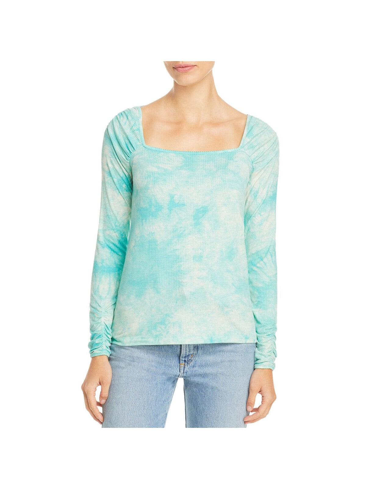 SINGLE THREAD Womens Aqua Stretch Ruched Ribbed Tie Dye Long Sleeve Square Neck Top XS