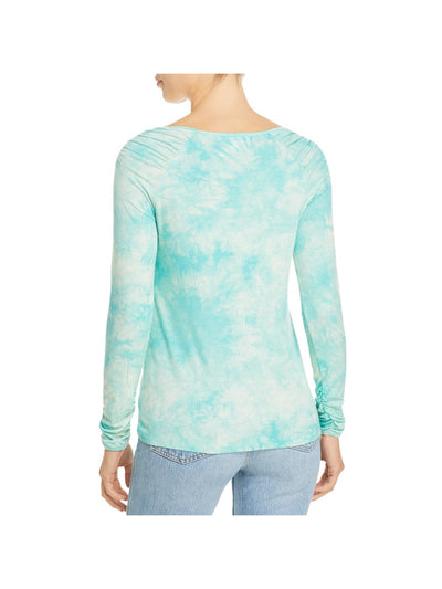 SINGLE THREAD Womens Aqua Stretch Ruched Ribbed Tie Dye Long Sleeve Square Neck Top XS