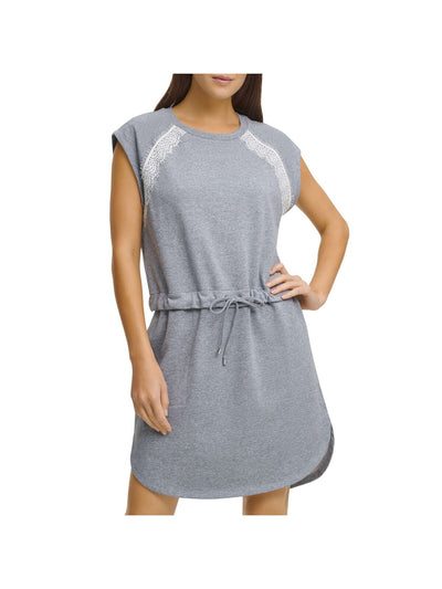 DKNY Womens Gray Lace Drawstring-waist Heather Cap Sleeve Crew Neck Short Shift Dress XS