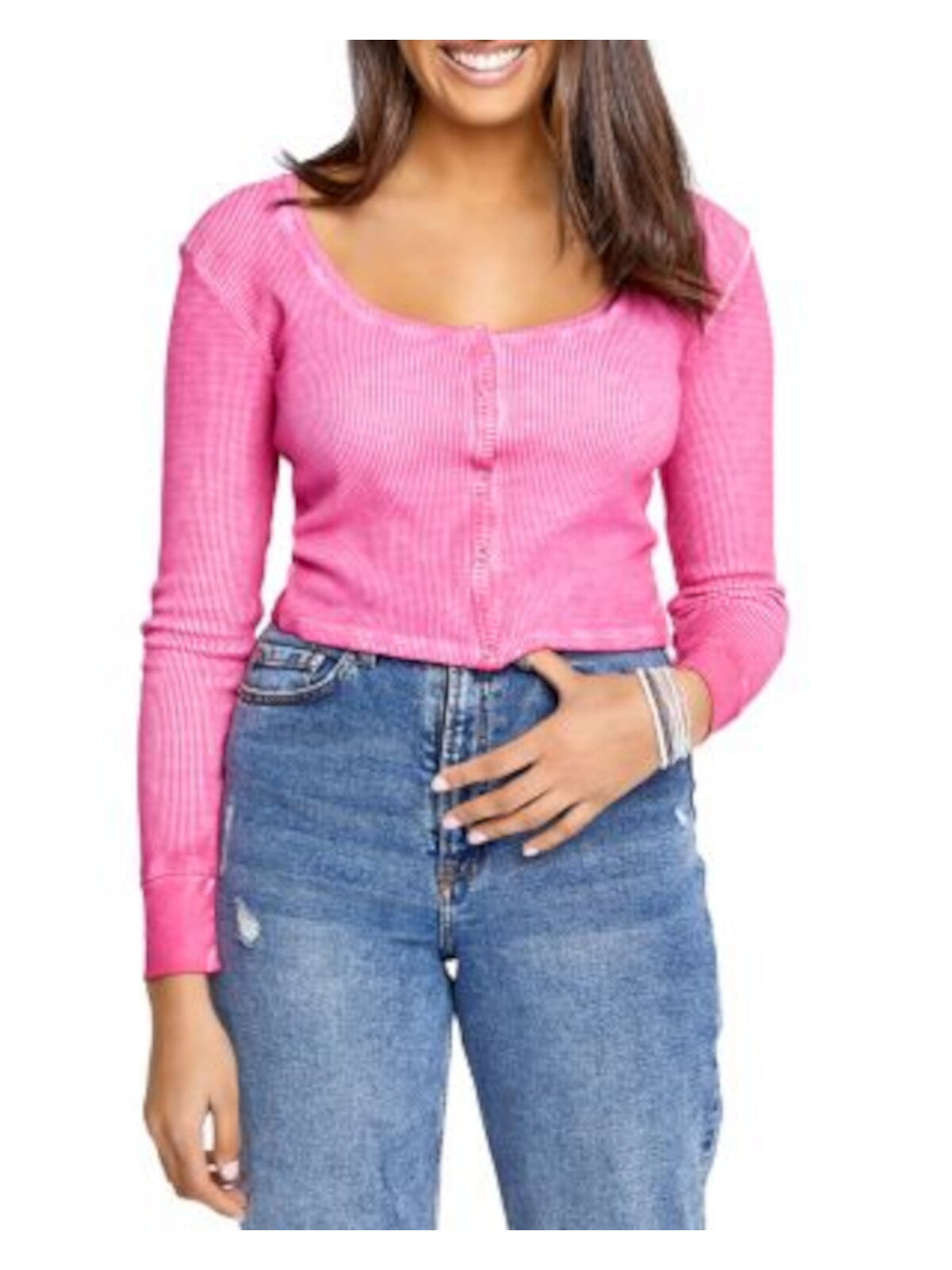 SUNDOWN BY SPLENDID Womens Thermal Textured Snap Down Front Ribbed Trim Long Sleeve Scoop Neck Crop Top