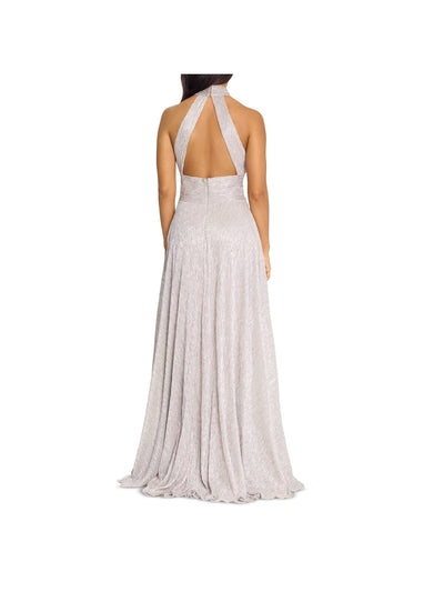 AQUA FORMAL Womens Zippered Pocketed Wrap Style Skirt Open Back Lined Sleeveless Halter Full-Length Formal Gown Dress