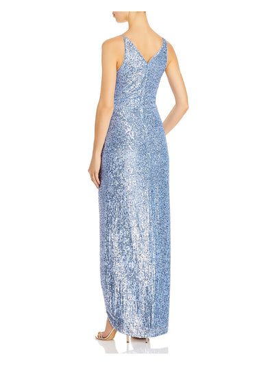 AQUA FORMAL Womens Light Blue Stretch Zippered Sequined Wrap-front Spaghetti Strap V Neck Full-Length Formal Gown Dress 4