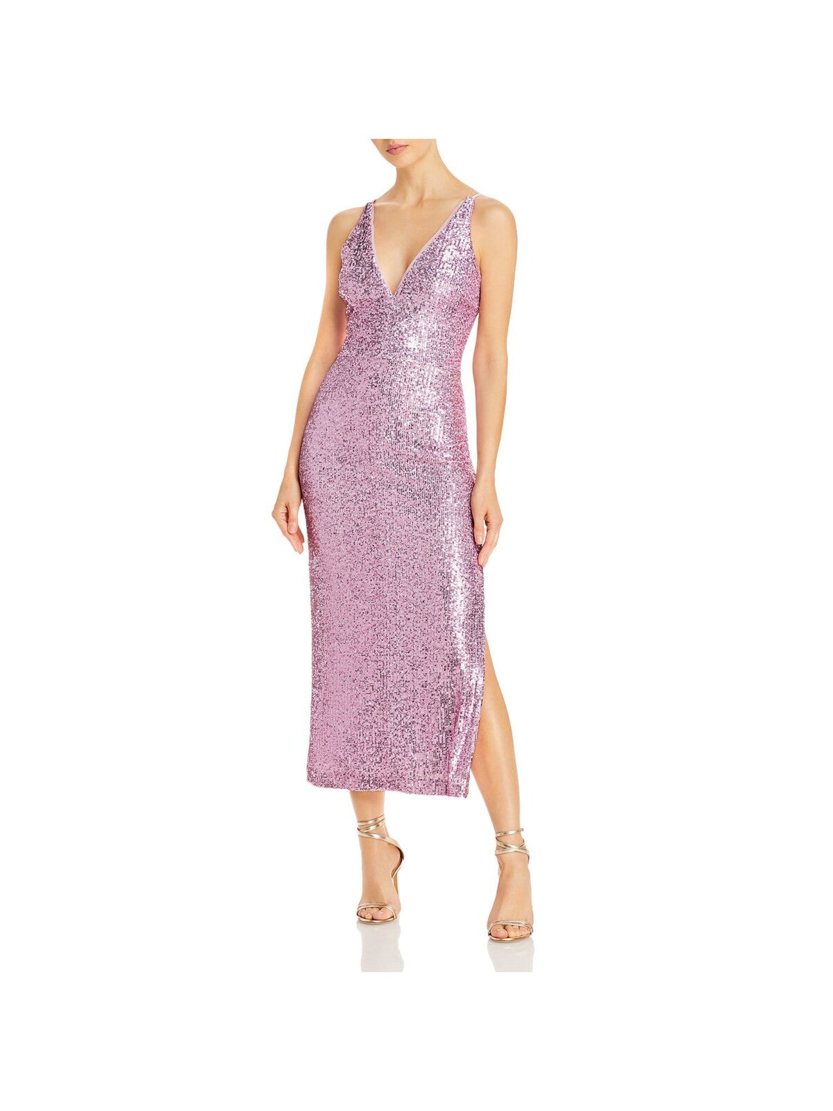 AQUA Womens Purple Stretch Sequined Zippered Side Slit Lined Spaghetti Strap V Neck Midi Cocktail Sheath Dress 12