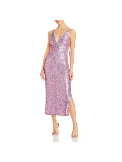 AQUA FORMAL Womens Pink Stretch Sequined Zippered Side Slit Lined Spaghetti Strap V Neck Midi Cocktail Sheath Dress 6