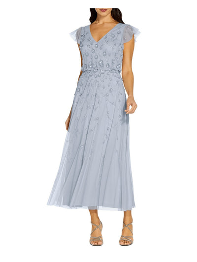 ADRIANNA PAPELL Womens Light Blue Mesh Embellished Zippered Lined Sheer Flutter Sleeve V Neck Maxi Cocktail Blouson Dress 6