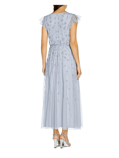 ADRIANNA PAPELL Womens Light Blue Mesh Embellished Zippered Lined Sheer Flutter Sleeve V Neck Maxi Cocktail Blouson Dress 6