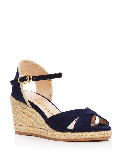STUART WEITZMAN Womens Navy Ankle Strap Woven Mirela Round Toe Wedge Buckle Leather Espadrille Shoes 10 C
