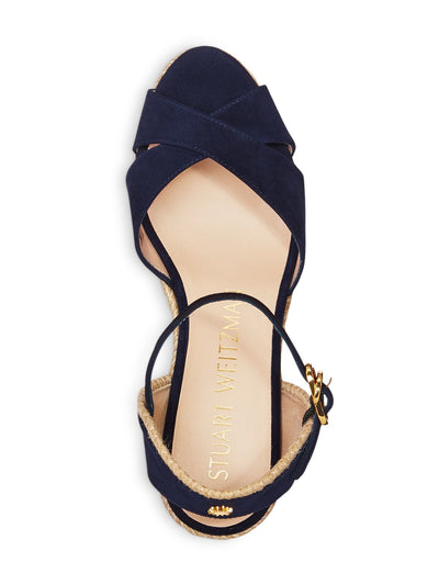 STUART WEITZMAN Womens Navy Ankle Strap Woven Mirela Round Toe Wedge Buckle Leather Espadrille Shoes 10 C