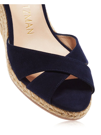 STUART WEITZMAN Womens Navy Ankle Strap Woven Mirela Round Toe Wedge Buckle Leather Espadrille Shoes C