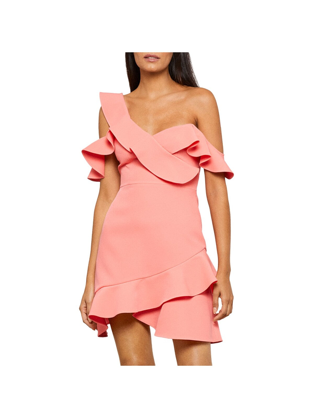 BCBG MAXAZRIA Womens Coral Ruffled Zippered Asymmetrical Hem Darted  One Sho Sleeveless Mini Cocktail Dress 2