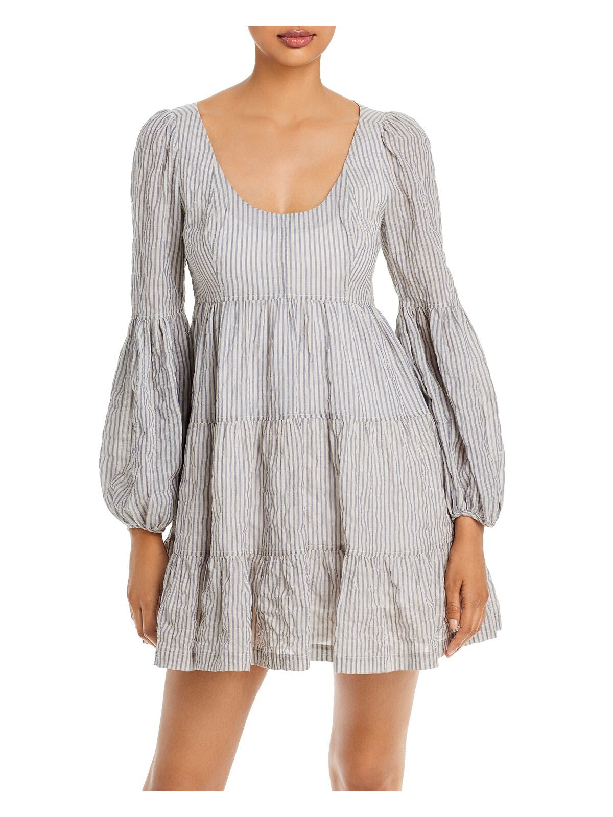 CINQ A SEPT Womens Ivory Zippered Lined Long Balloon Sleeve Striped Scoop Neck Mini Party Baby Doll Dress 2