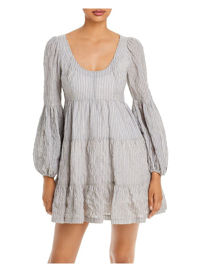 CINQ A SEPT Womens Ivory Zippered Lined Long Balloon Sleeve Striped Scoop Neck Mini Party Baby Doll Dress 2