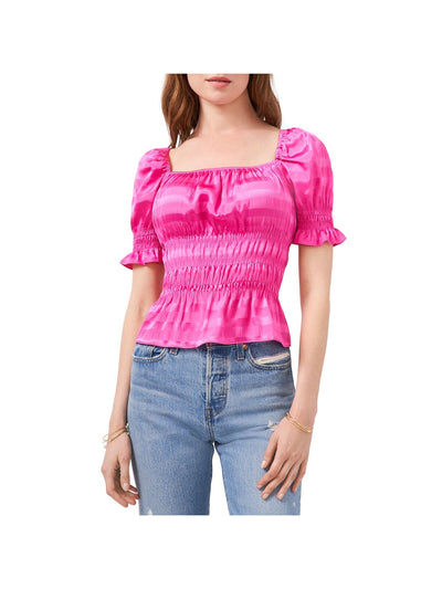 1. STATE Womens Pink Smocked Striped Pouf Sleeve Square Neck Peasant Top XS