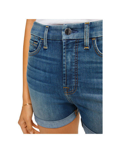 Jen 7 Womens Blue Denim Zippered Pocketed Rolled-cuff High Waist Shorts 0