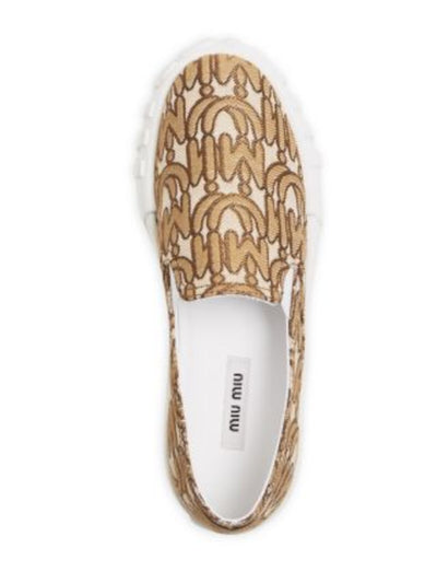 MIU MIU Womens Beige Logo Padded Goring Jacquard Round Toe Platform Slip On Loafers Shoes 39