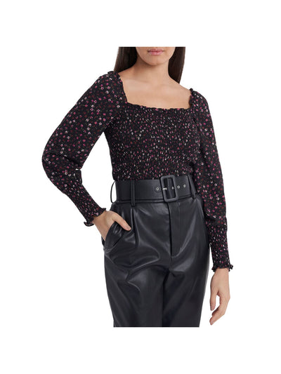 1. STATE Womens Black Stretch Smocked Ruffled Square-back Floral Blouson Sleeve Square Neck Blouse S