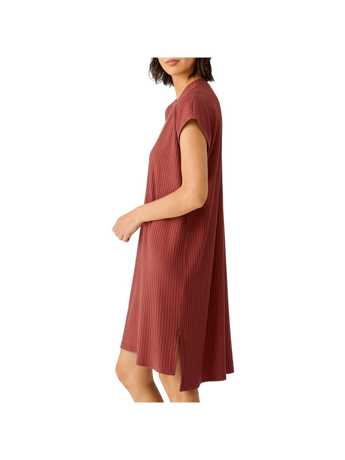 EILEEN FISHER Womens Brown Stretch Ribbed Slitted Pull-over Style Cap Sleeve Round Neck Knee Length Sheath Dress S