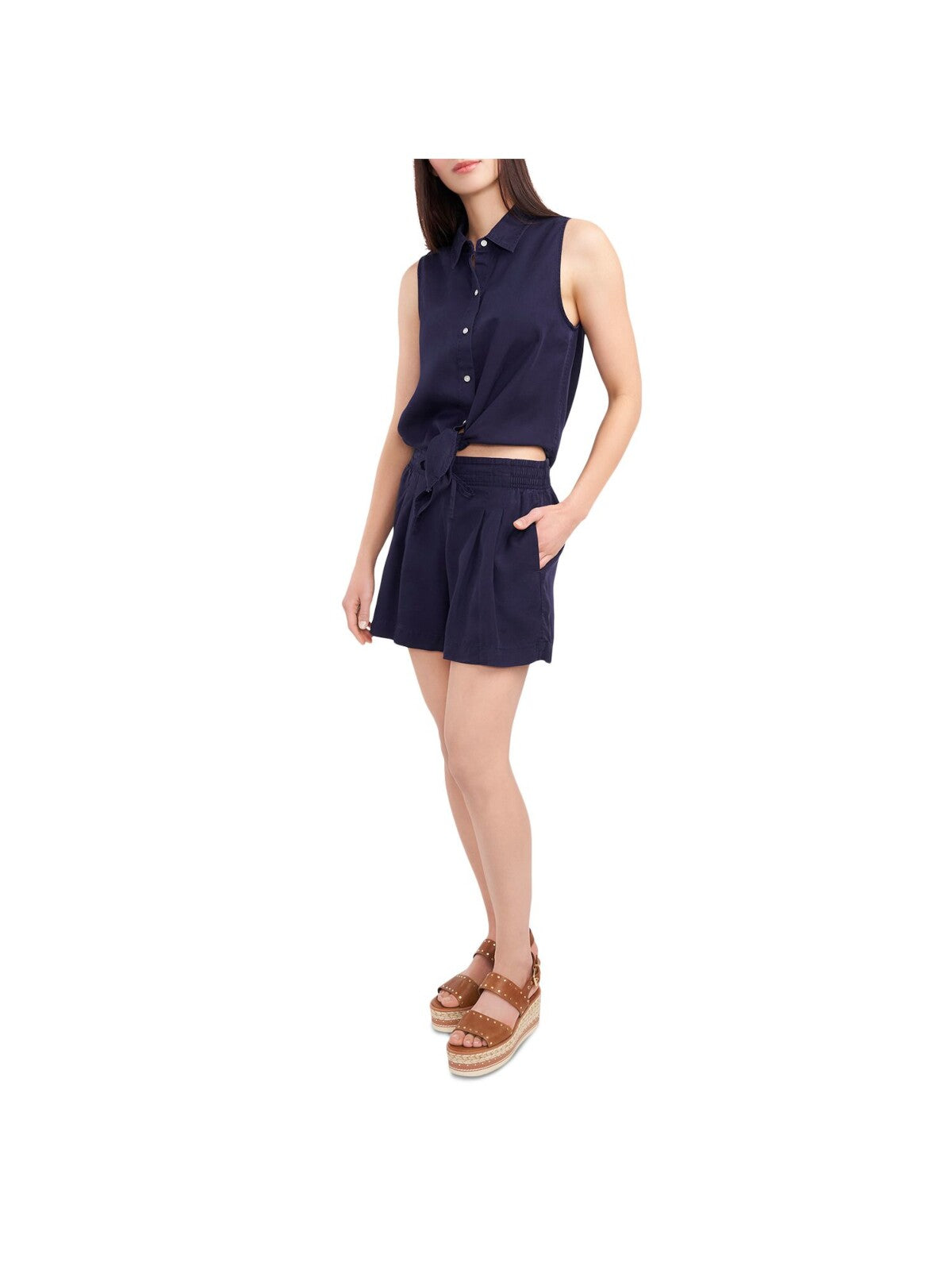 VINCE CAMUTO Womens Navy Sleeveless Collared Button Up Top XS