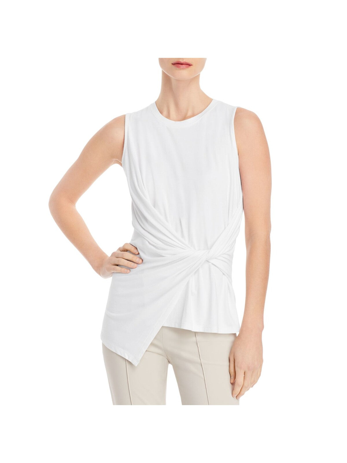 KOBI HALPERIN Womens White Stretch Twist Front Asymmetrical Hem Sleeveless Crew Neck Top M