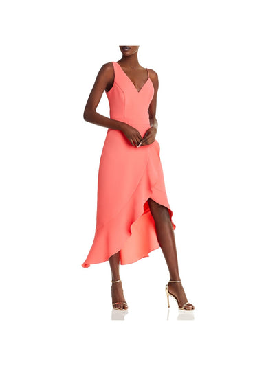 AQUA FORMAL Womens Coral Zippered Ruffled Wrap Style Skirt Lined Sleeveless V Neck Maxi Hi-Lo Dress 10