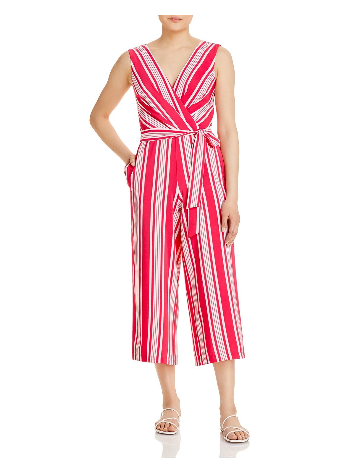 KARL LAGERFELD Womens Pink Zippered Pocketed Self Tie Sash Striped Sleeveless Surplice Neckline Wear To Work Wide Leg Jumpsuit 14