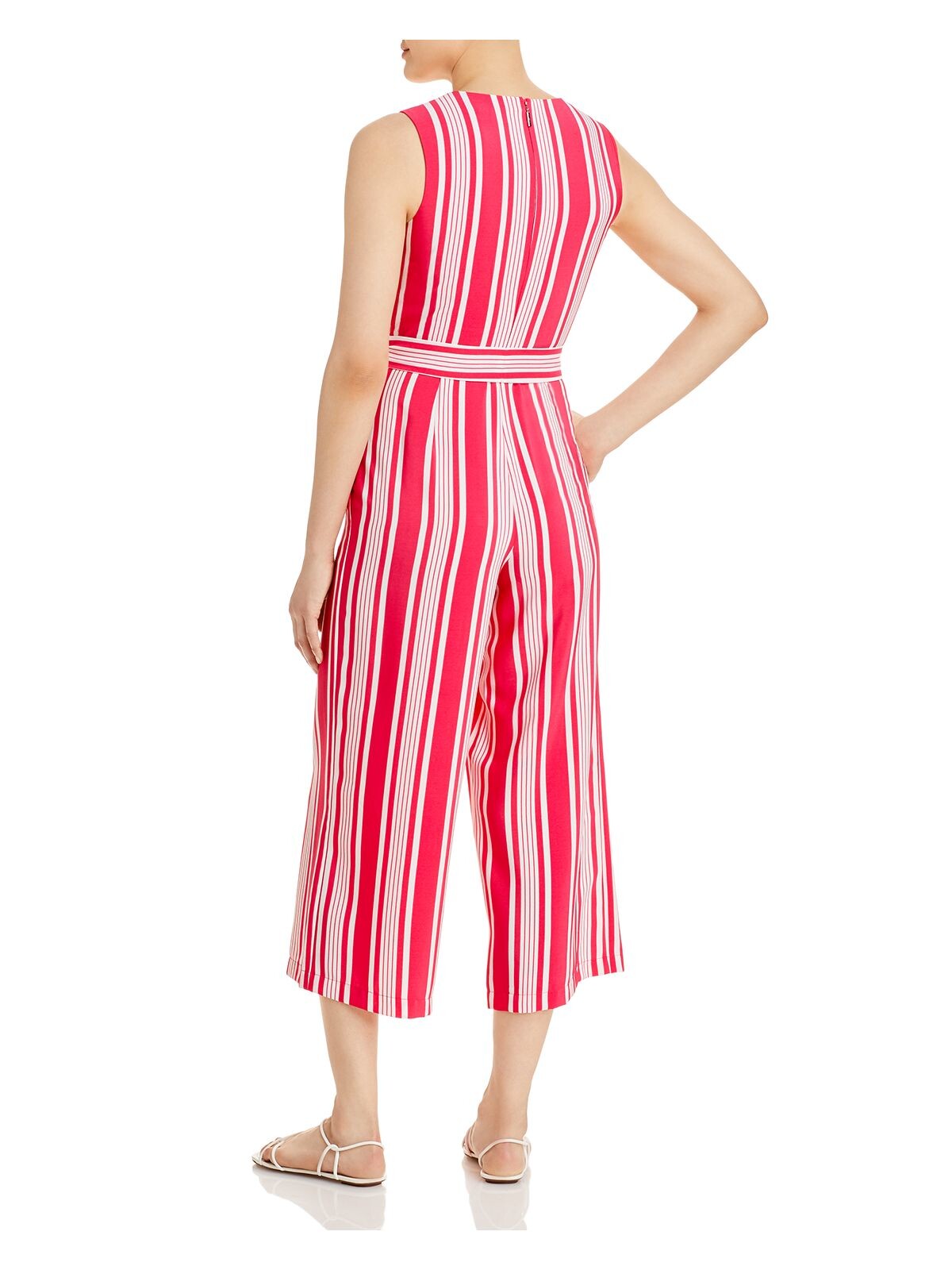 KARL LAGERFELD Womens Pink Zippered Pocketed Self Tie Sash Striped Sleeveless Surplice Neckline Wear To Work Wide Leg Jumpsuit 14