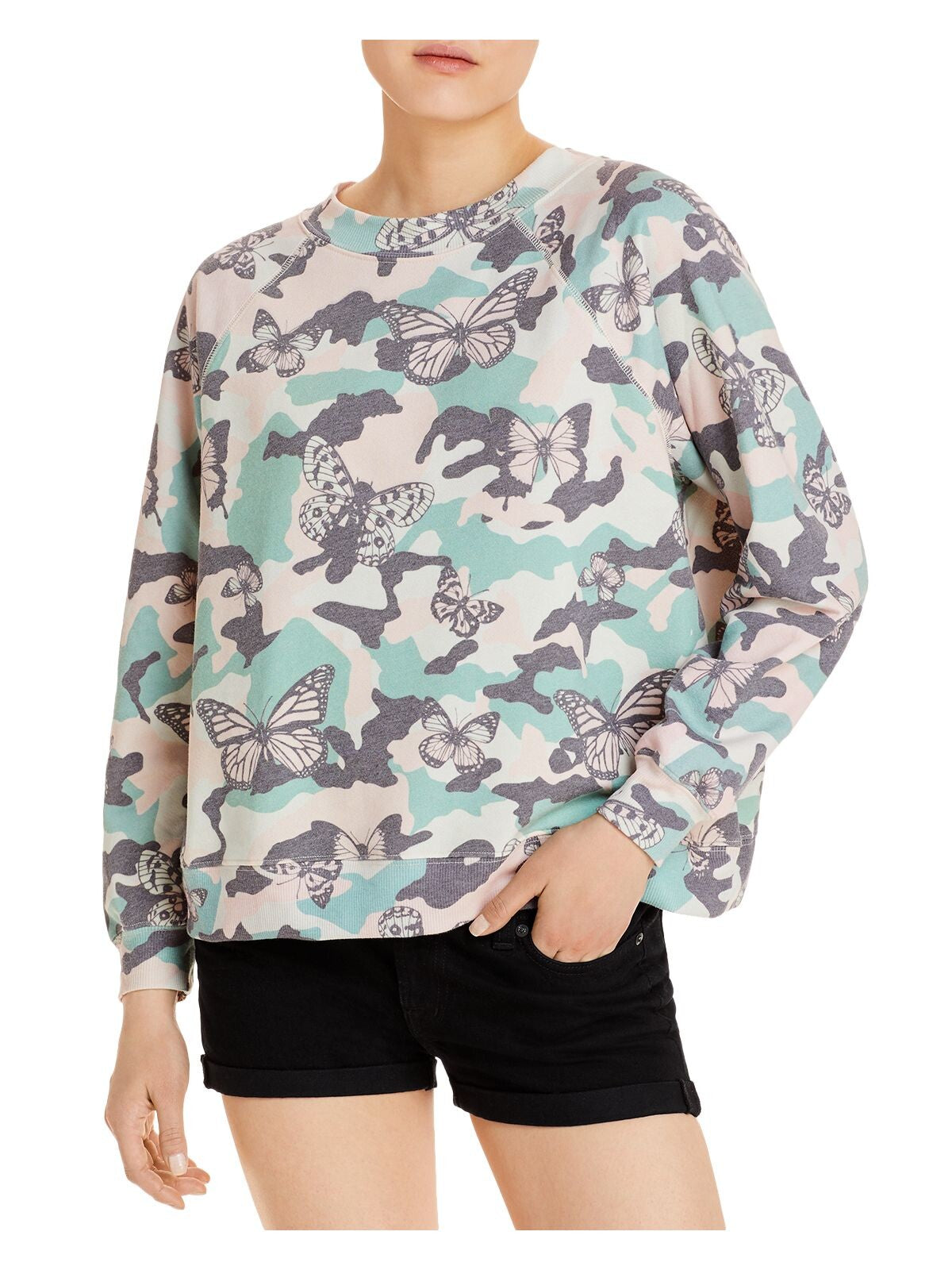 WILD FOX Womens Crewneck Long Raglan Sleeves Ribbed Sweatshirt
