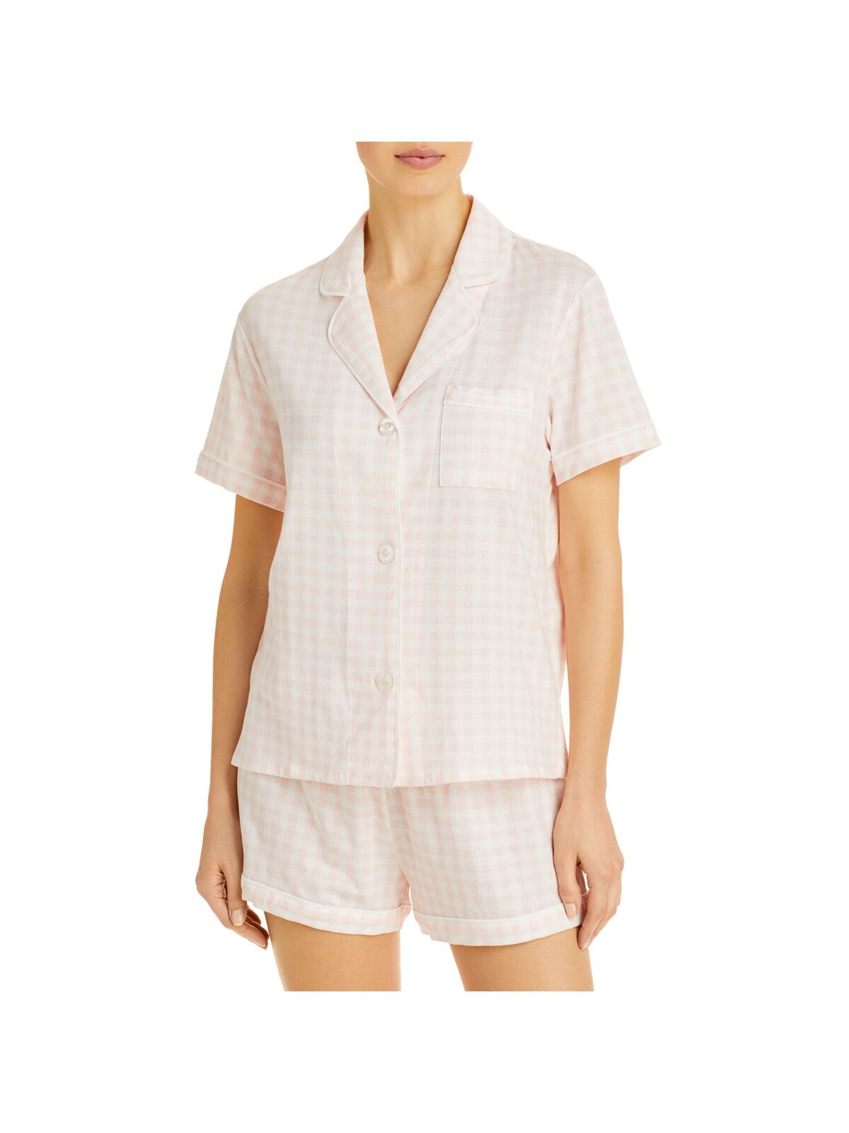 AQUA Womens Pink Printed Notched Collar Short Sleeve Button Up Top and Shorts Pajamas S