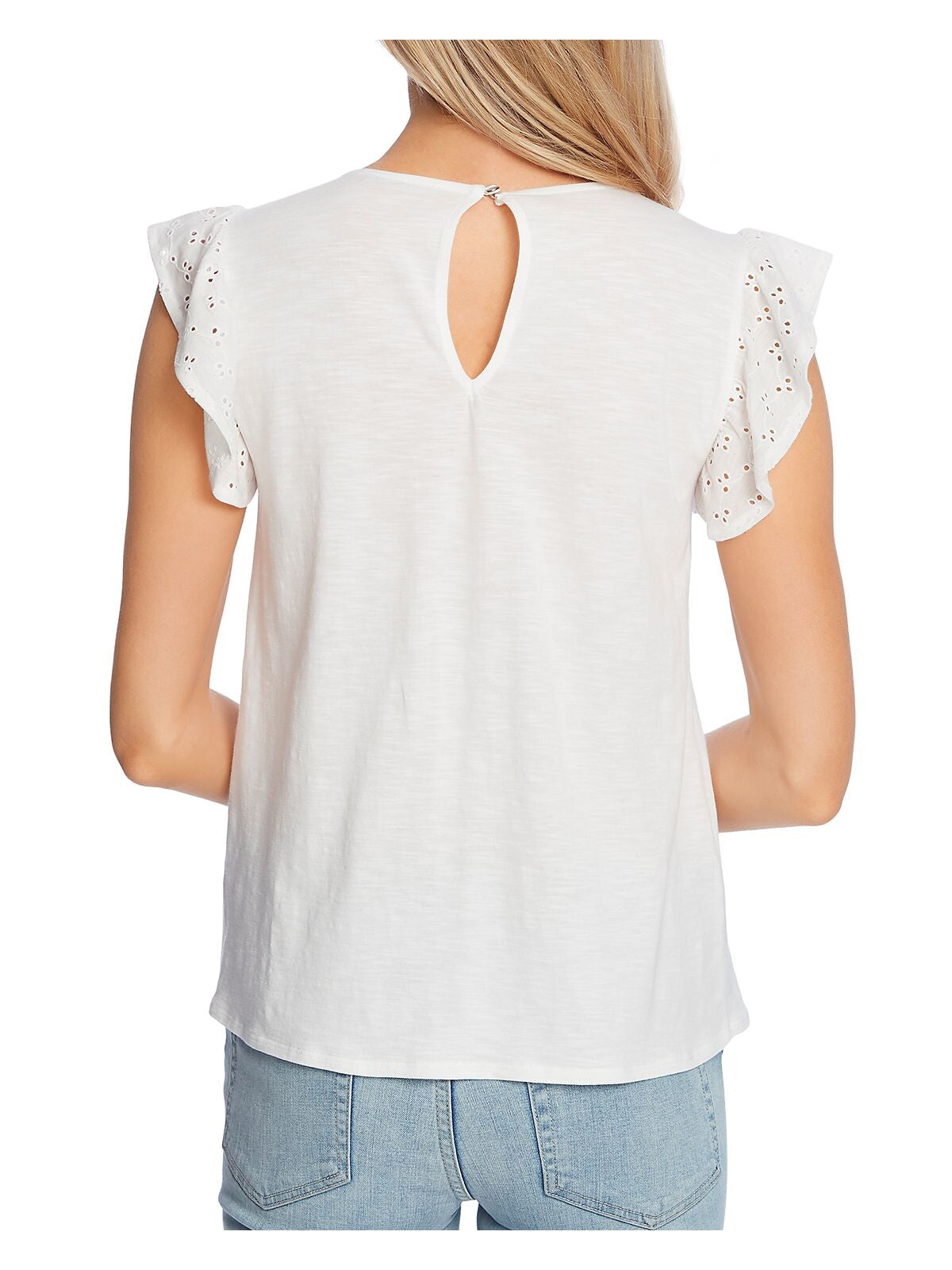 CECE Womens Eyelet Button Closure At Back Flutter Sleeve Round Neck Top