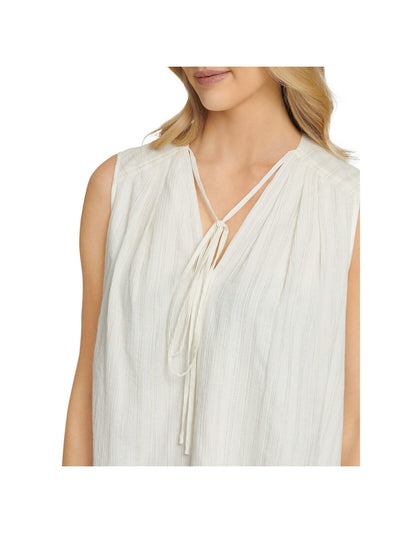 DKNY Womens Ivory Metallic Tie Front Striped Sleeveless V Neck Top L