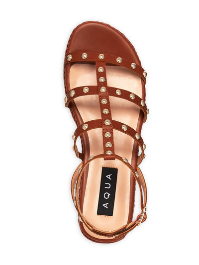 AQUA Womens Brown 1-1/2" Platform Strappy Adjustable Studded Ankle Strap Kimm Round Toe Wedge Buckle Leather Gladiator Sandals Shoes 7.5 M