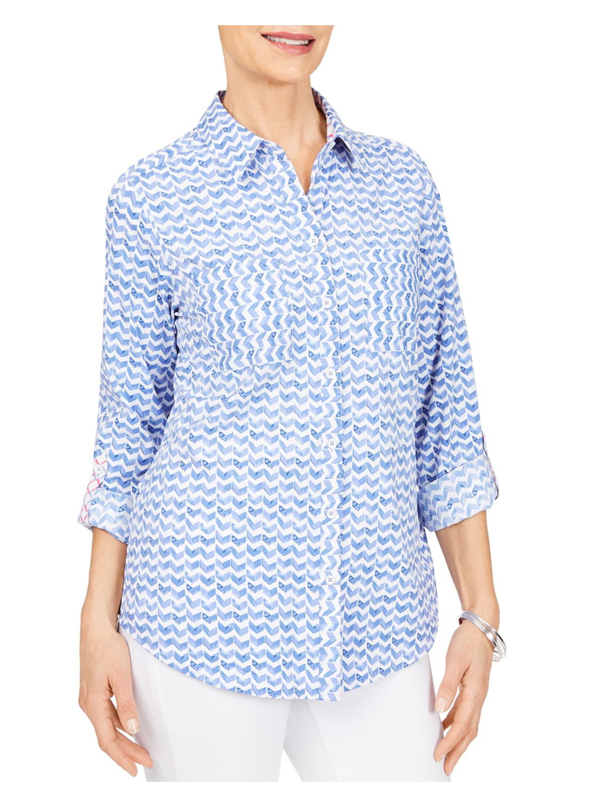 FOXCROFT Womens Pocketed Pleated Curved Hem Roll-tab Sleeve Collared Button Up Top